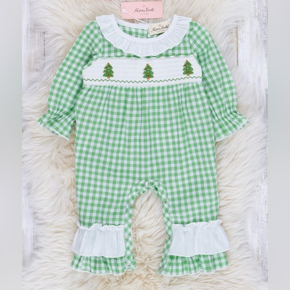 Green Gingham Baby Romper with Christmas Tree Smock